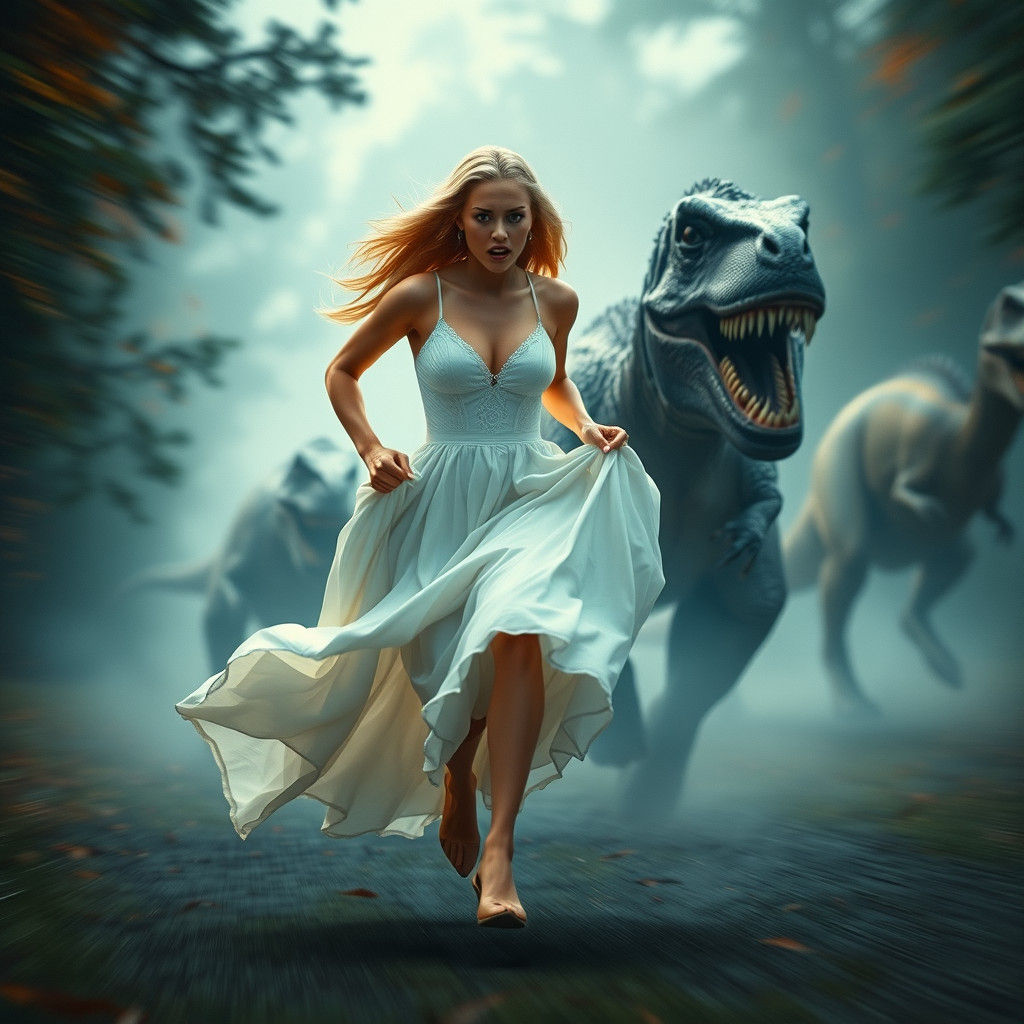 Blonde Damsel's Escape from Dinosaurs in High Definition