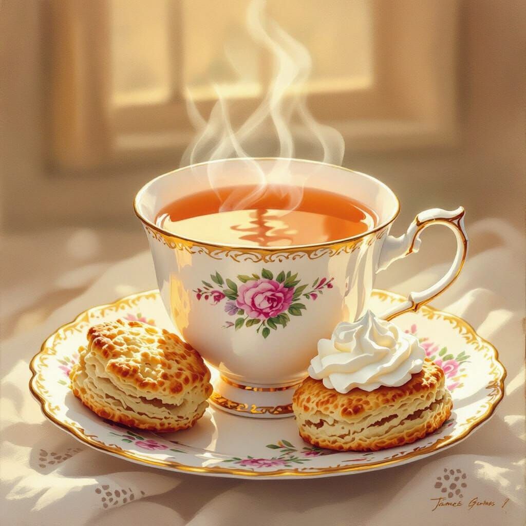 Tea and Scones Still Life in Oil Painting Style