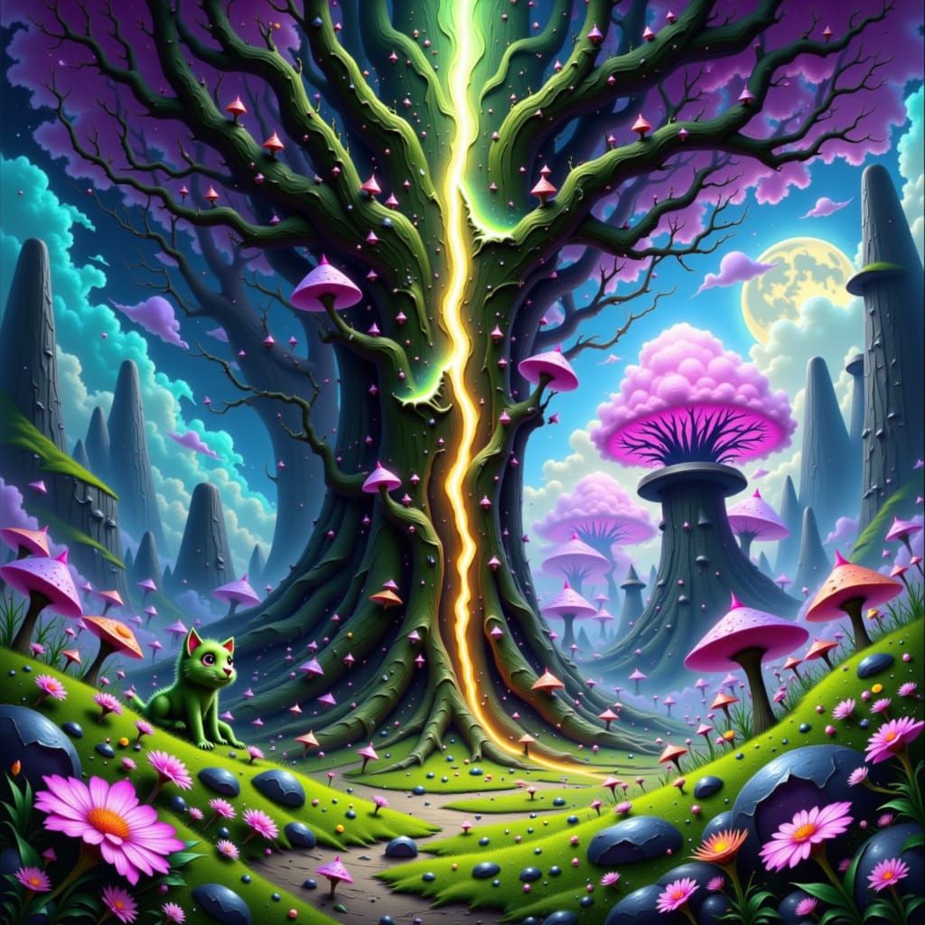 Moss Critter and Hybrid in Dreamy Landscape