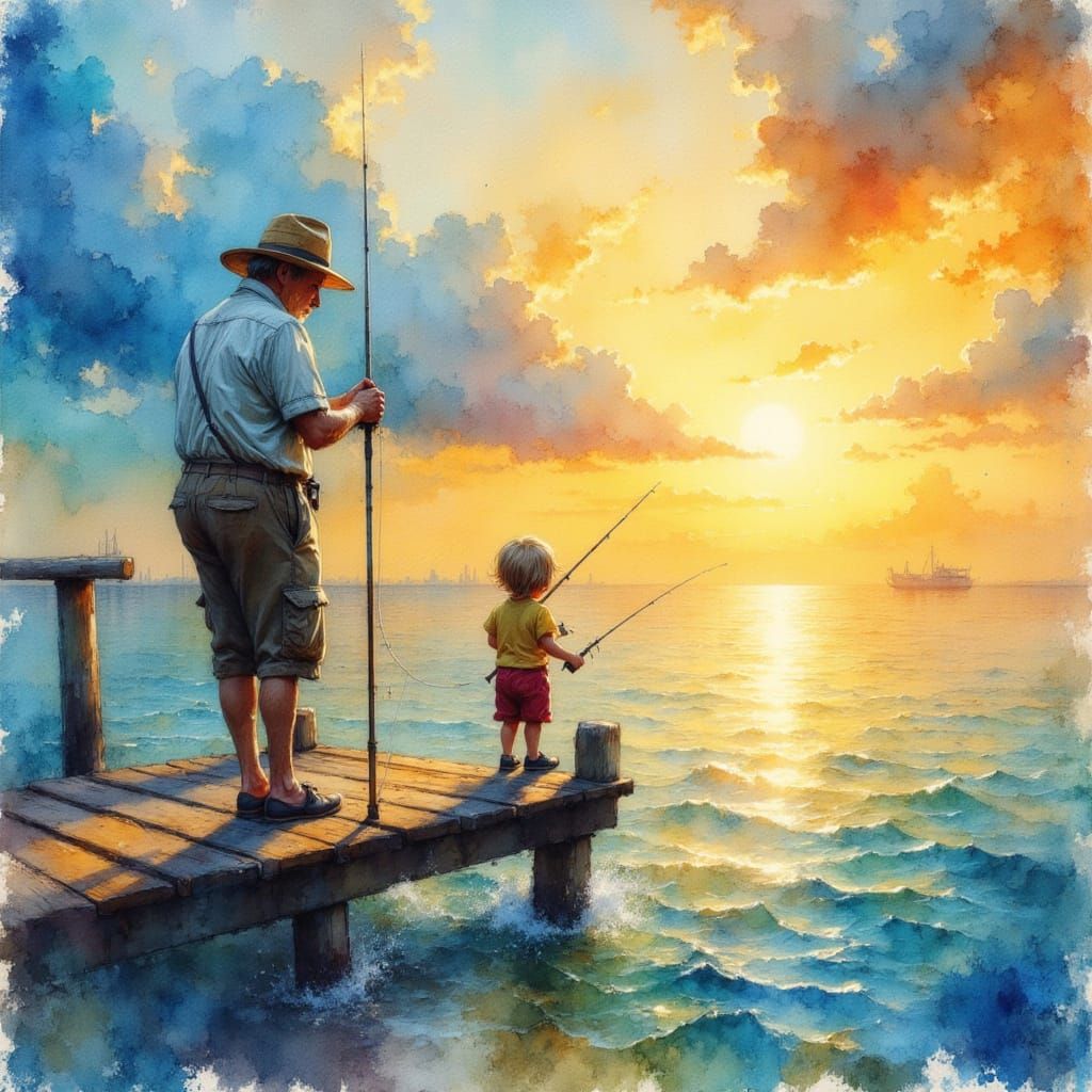 Grandfather and Grandson Fishing: Watercolor Splash Art