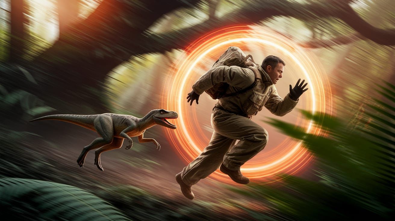 Terrified Man Escaping Raptor Through Jungle Portal