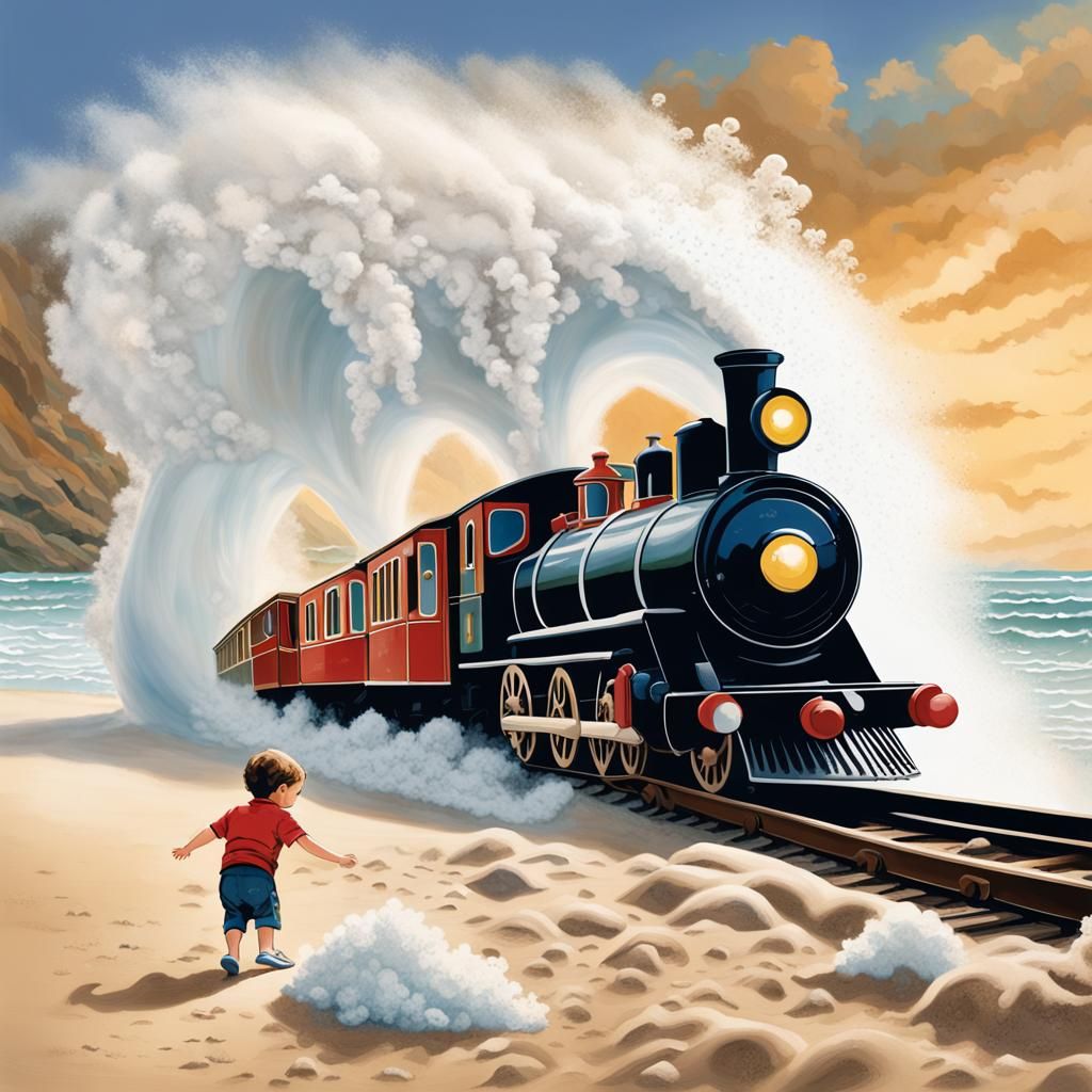Toddler and Steam Train on Sandy Beach