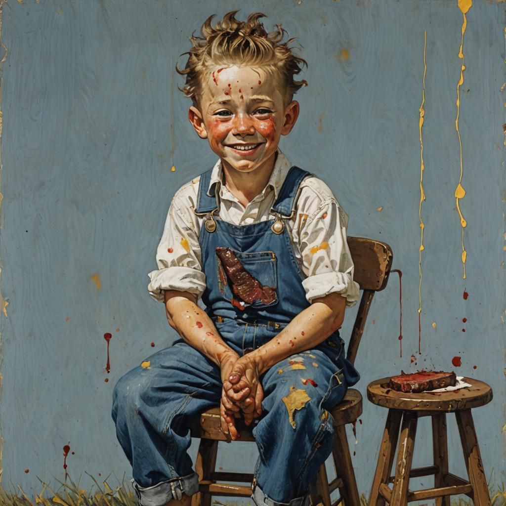 A Norman Rockwell style painting of a little boy sitting on ...