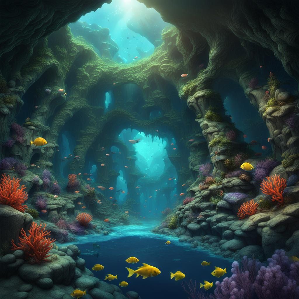 Underwater Cavern with Coral: Fantasy Concept Art