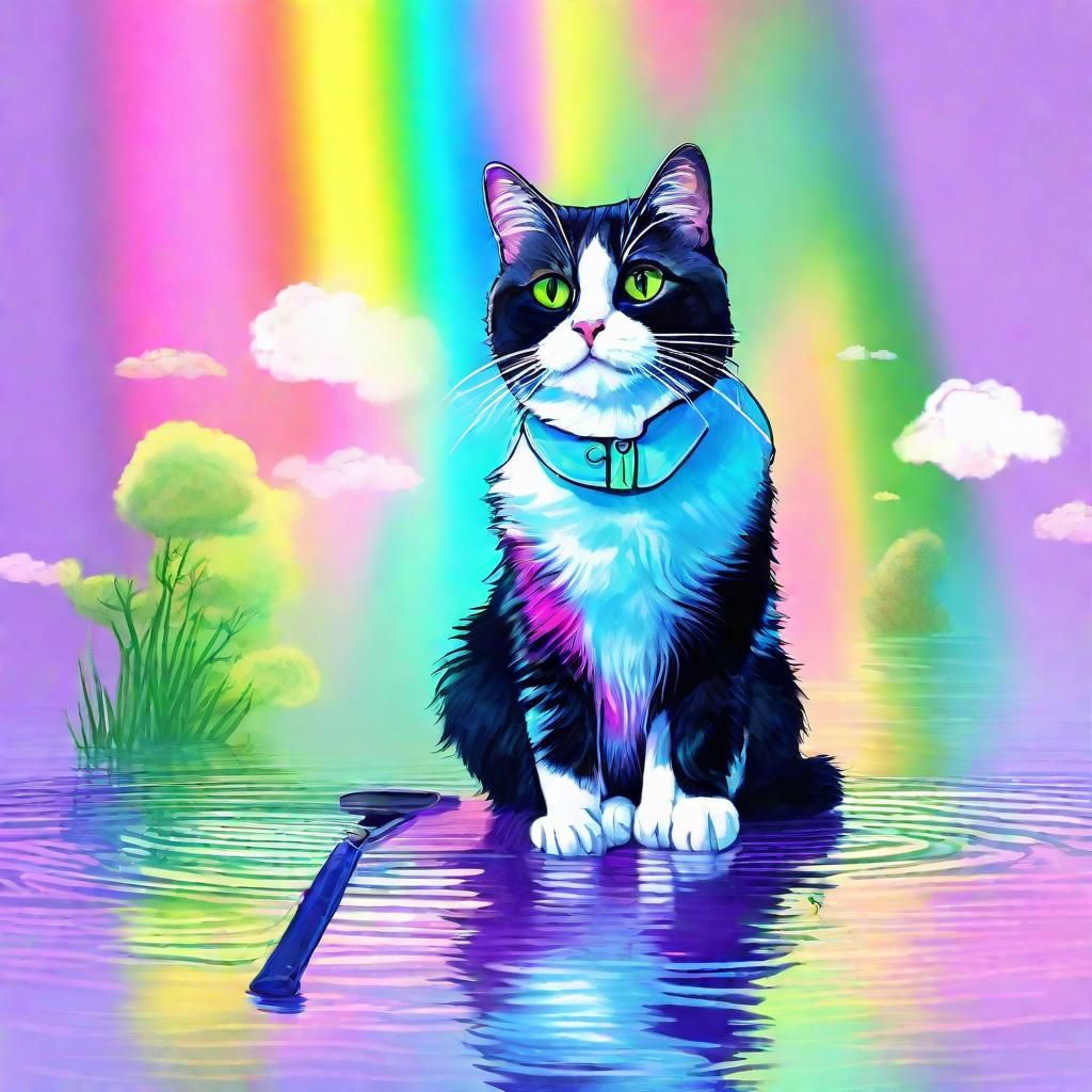 Psychedelic Tuxedo Cat Fishing in Rainbow Pond