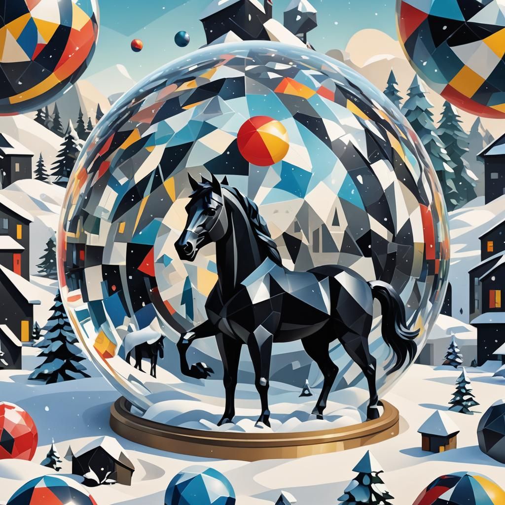 Cubist Beachball Globe with Black Horse