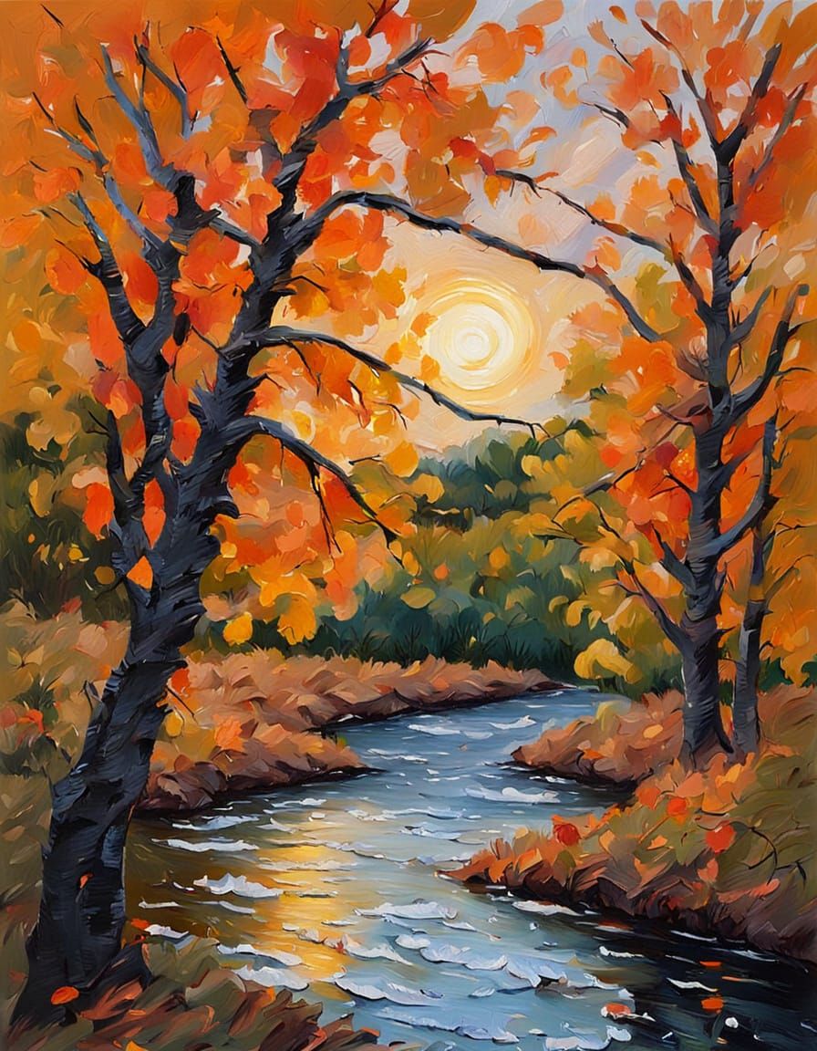Autumn River Sunset Impasto Oil Painting