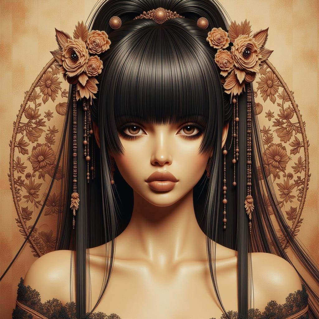 Woman with Blunt Bangs in Art Nouveau Style