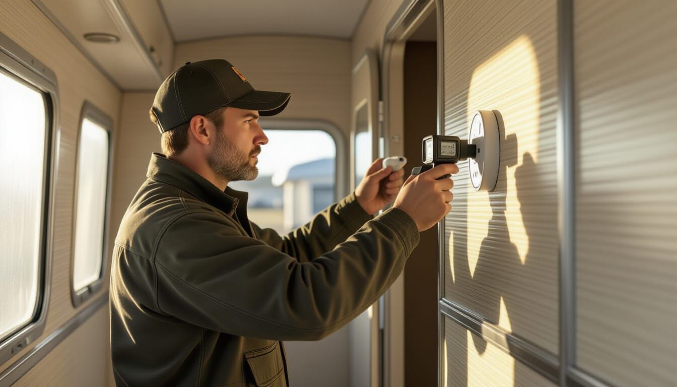 Inspector Checks Caravan Walls for Leaks with Hygrometer