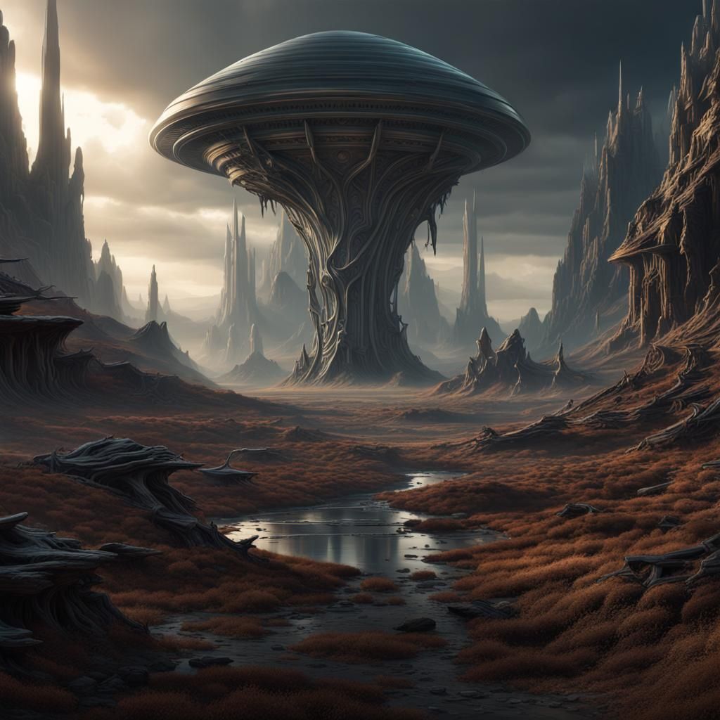 Hyperrealistic Alien Landscape in Dark Fantasy Concept Art