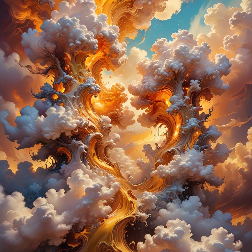 Surreal Duo in Swirling Clouds, Vivid Oil Painting