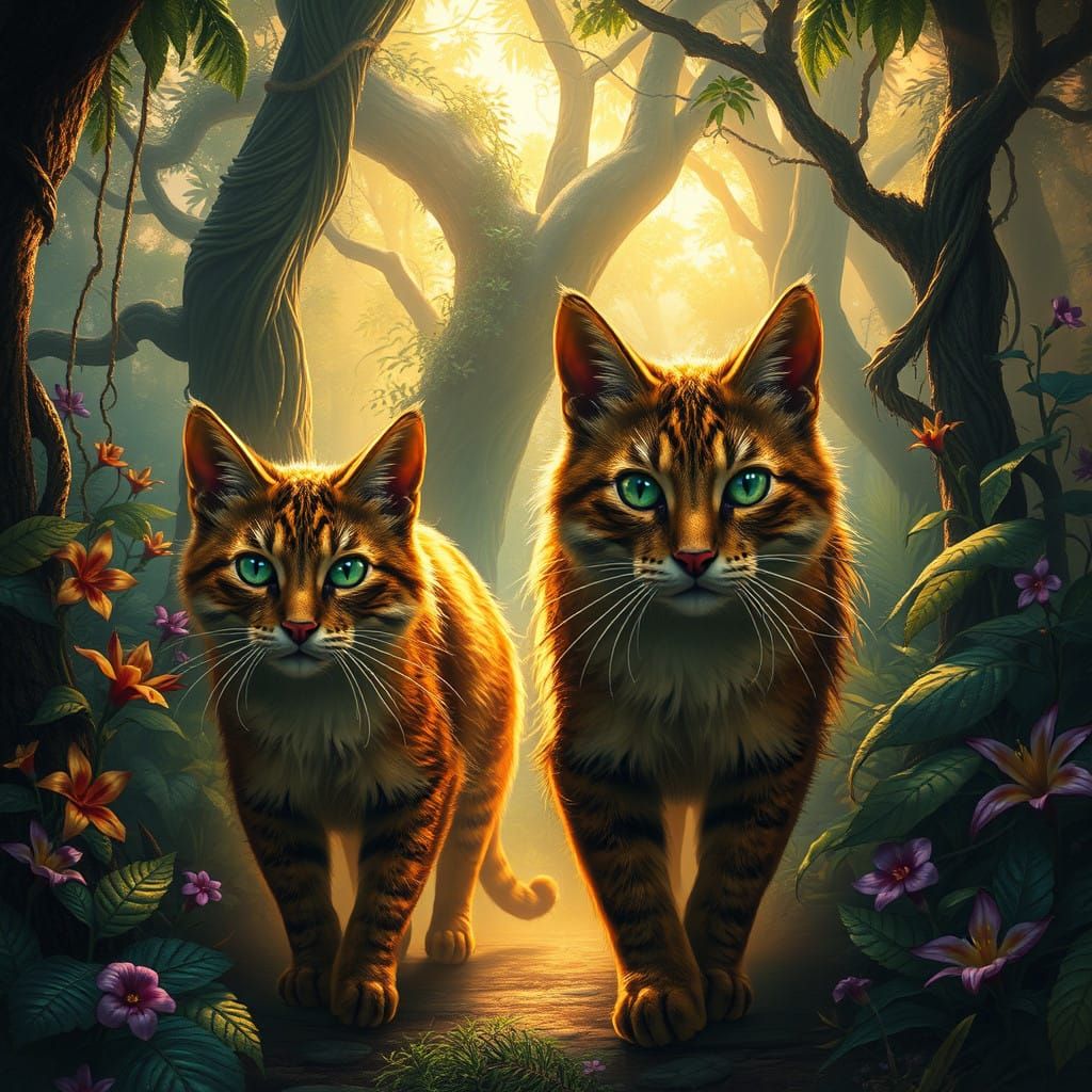 Majestic Cats Prowl Through Vibrant Jungle