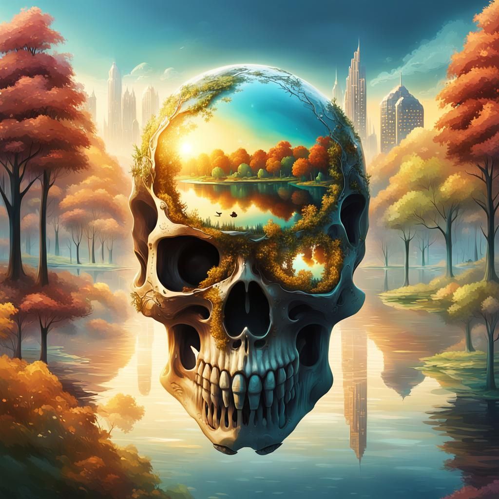 Surreal Cityscape on Skull: Dreamlike Concept Art