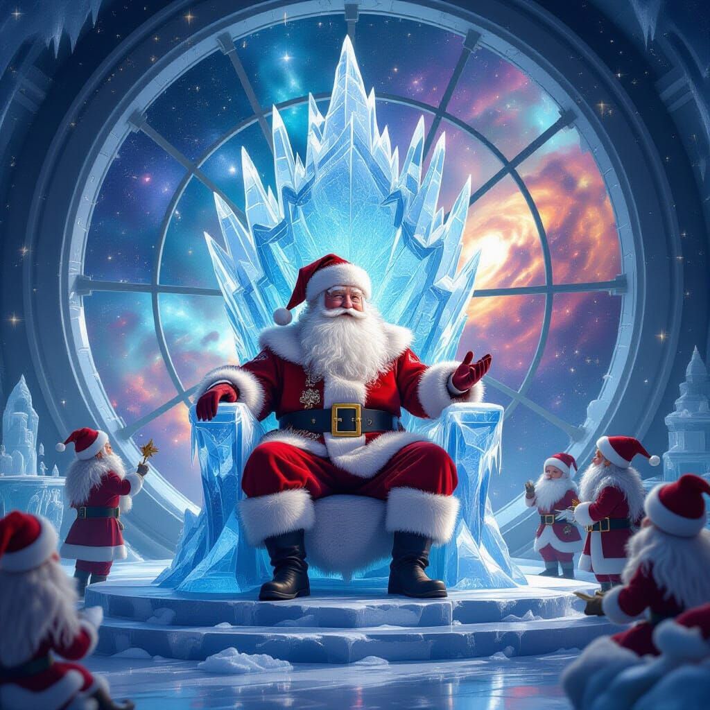 Cosmic Santa on Celestial Ice Throne