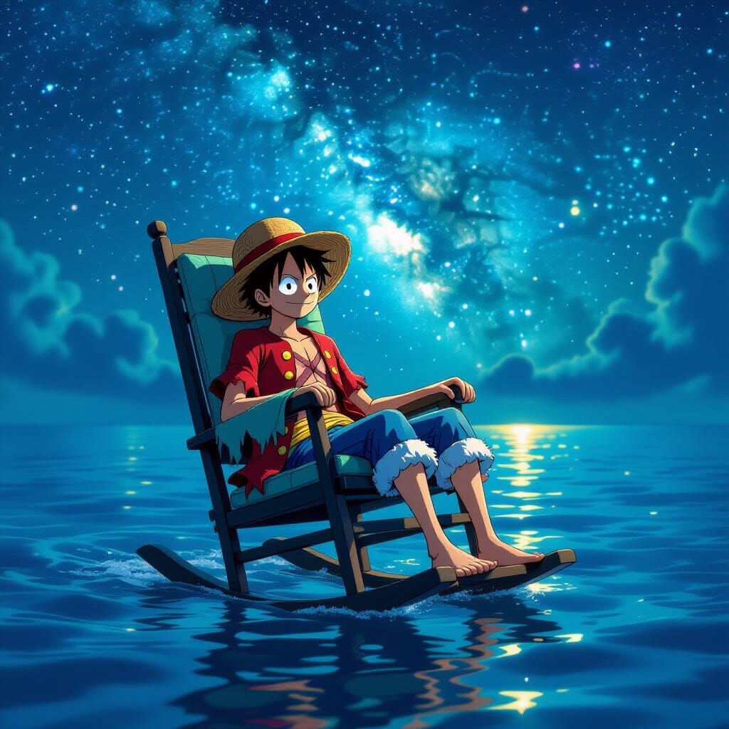 Luffy on Rocking Chair Glides Over Calm Waters