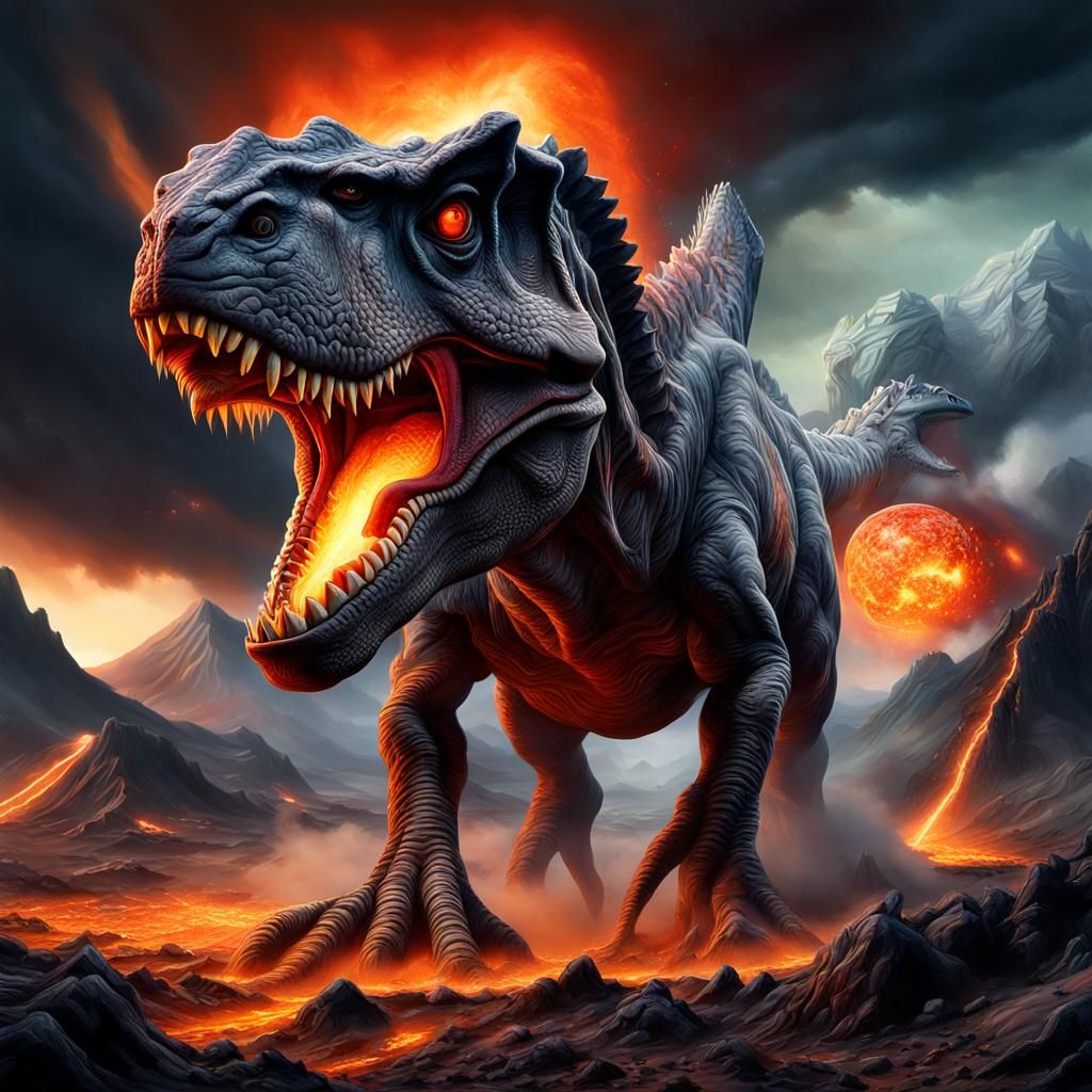 Dinosaurs Fleeing Meteor Strike in Ethereal Landscape