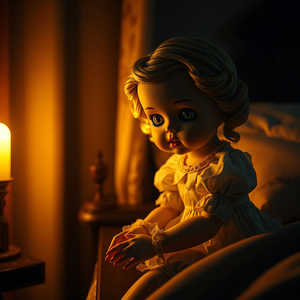Eerie Porcelain Doll in Dimly Lit Bedroom