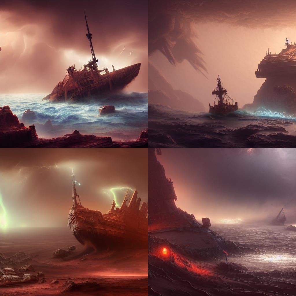 Martian Shipwreck in Thunderstorm: Fantasy Concept Art