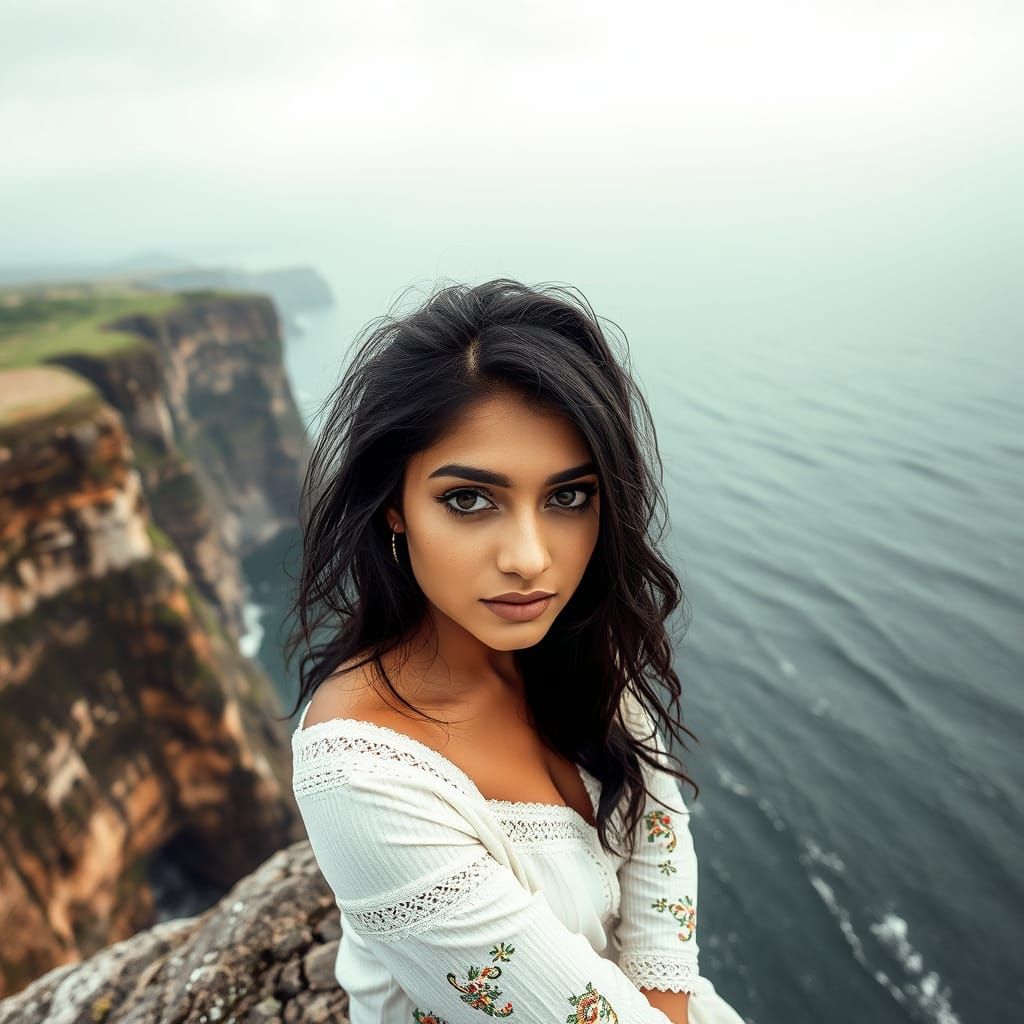Hyperrealistic Arabic Woman on Cliffs Overlooking Sea