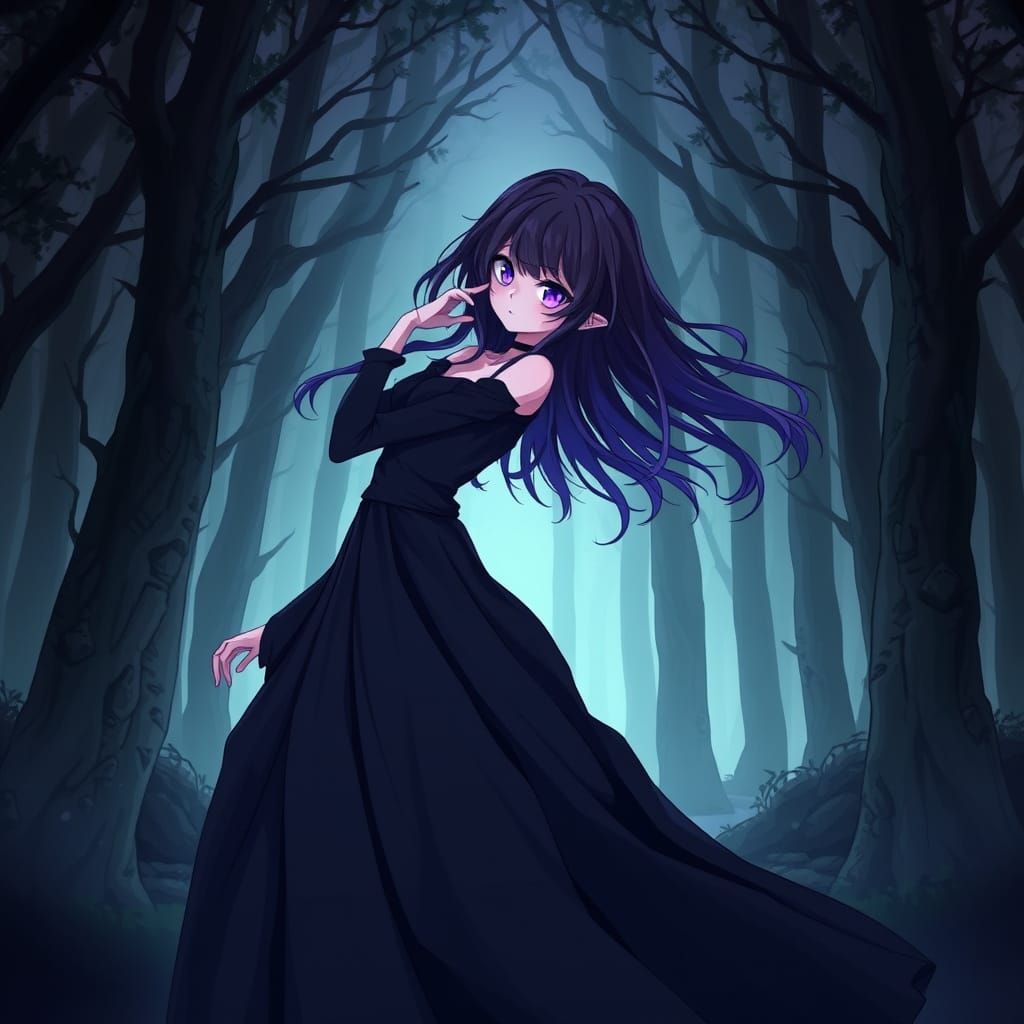 Anime-Style Enderman Goddess in Dark Mystical Forest