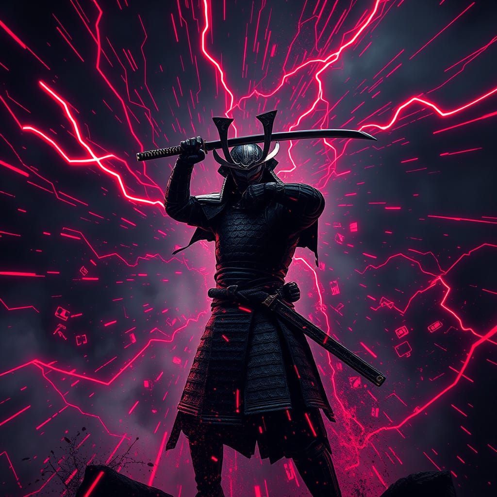 Dark Samurai Warrior Surrounded by Glitching Vortex in High-...