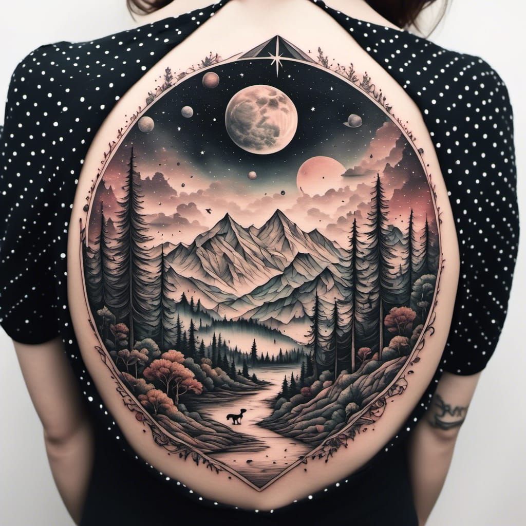 Pastel Tattoo Design of Mountain Forest Landscape
