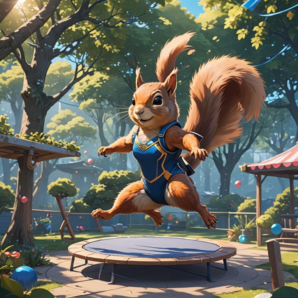 Muscular Squirrel Gymnast in Anime-Inspired Forest