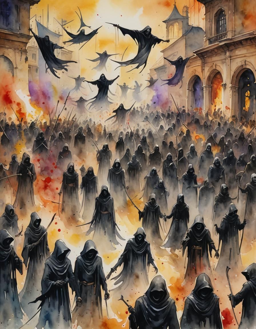 Grim Reapers Celebrate Death in Watercolour Painting