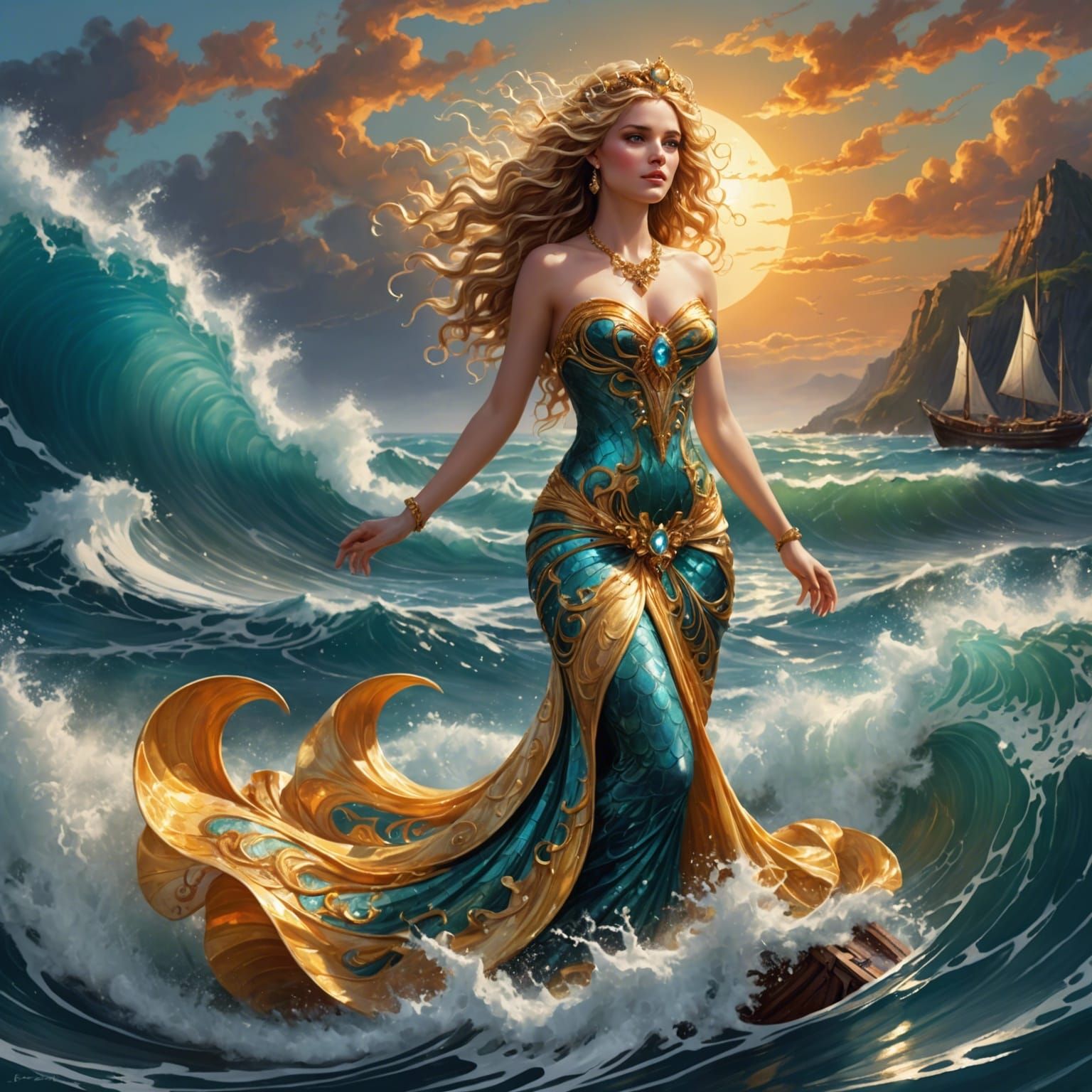 Aphrodite in Raging Ocean: Dark Fantasy Digital Art