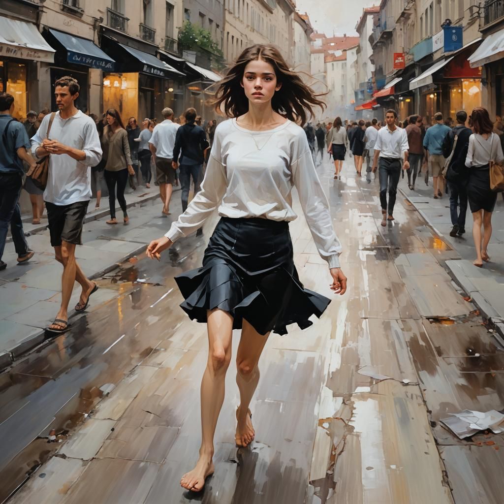 Barefoot Girl Dancing in City, Pino Daeni Style