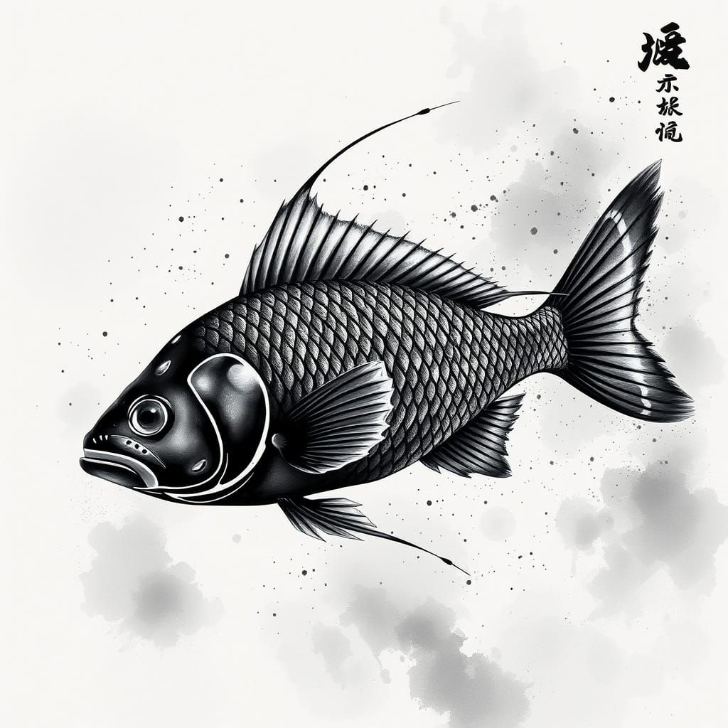 Anime-Style Sumi Ink Balantiocheilos melanopterus in Greysca...
