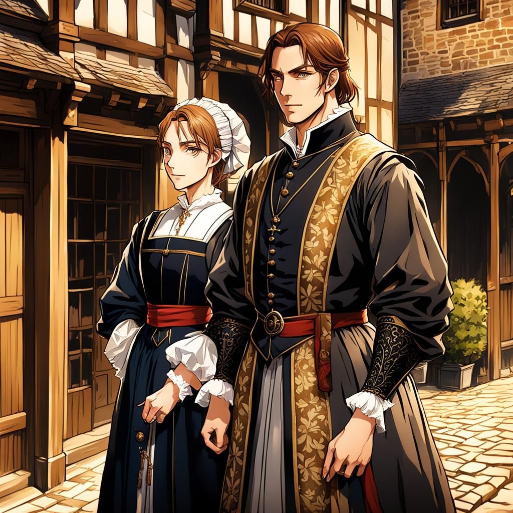 Tudor Couple in Early 1500s London, Anime Style