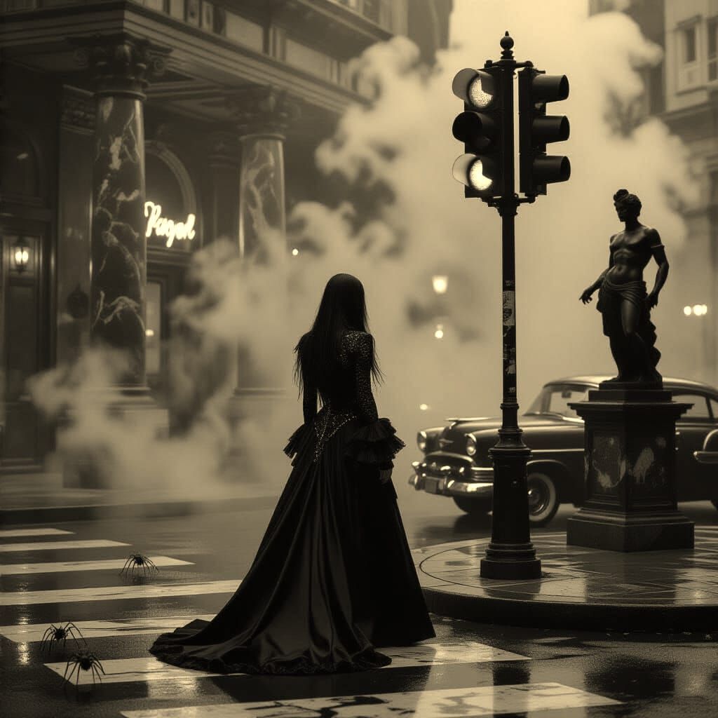 Goth Model in Foggy Cityscape with Chrome Skin