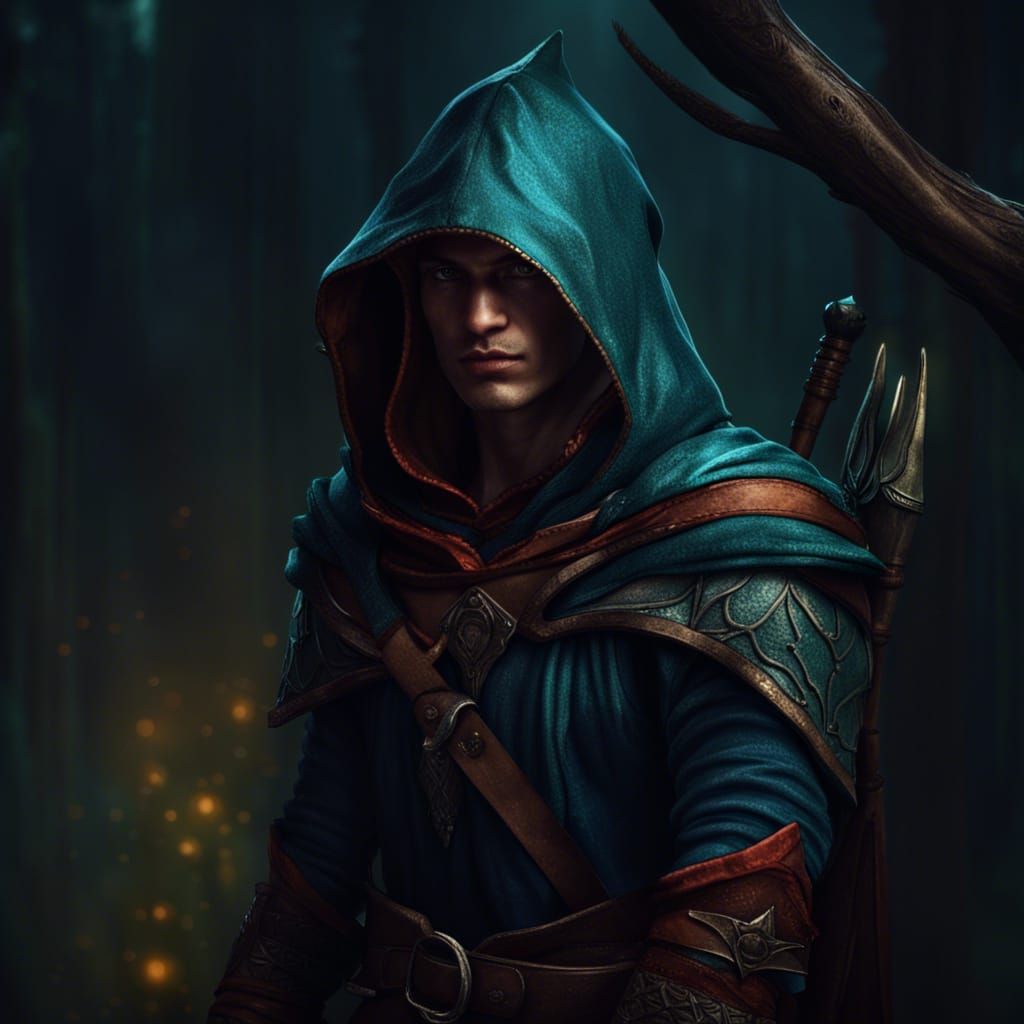 Mysterious Half-Elf Ranger with Bow, Fantasy Art