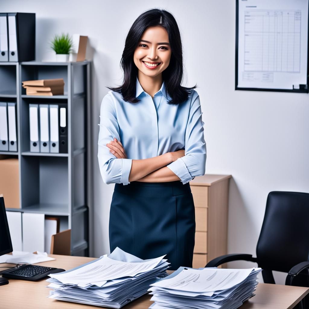 Smiling Office Worker with Torn File