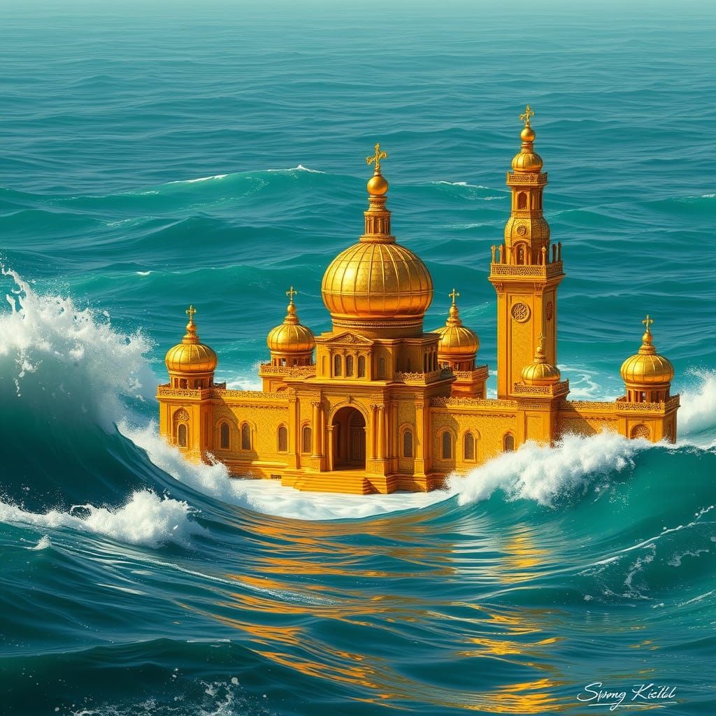 Golden Palace Emerges from Turquoise Ocean Waves