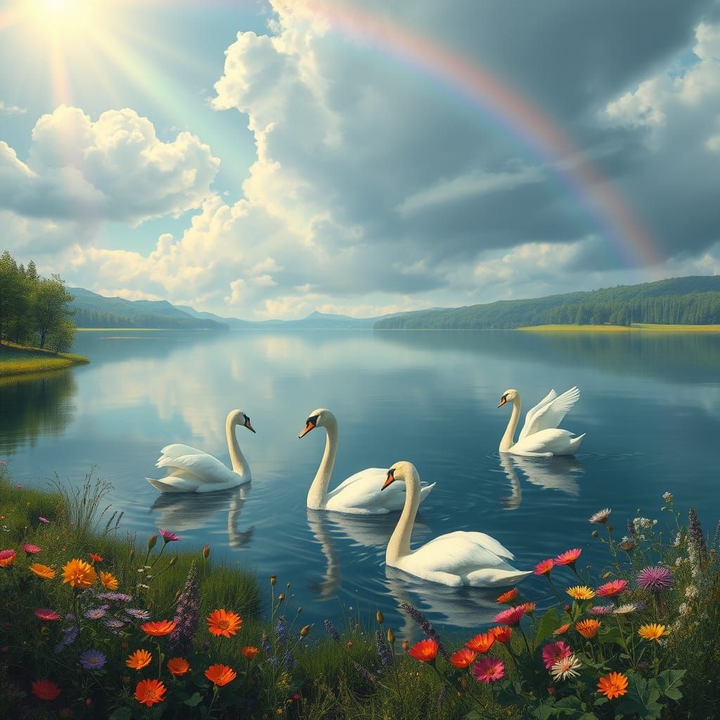 Dreamy Impressionist Landscape with Majestic Swans and Rainb...
