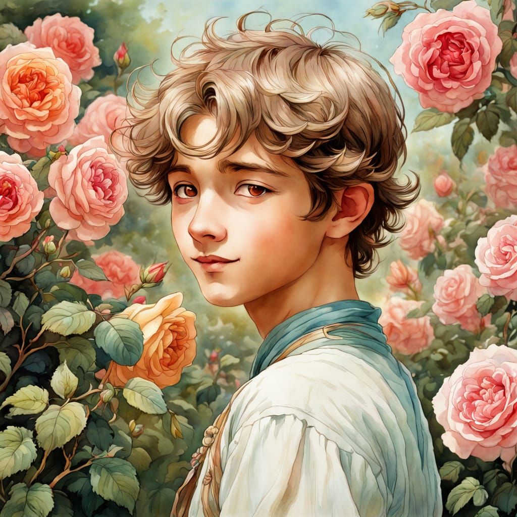 Boy in Rose Garden: Mucha-Style Watercolor Cartoon