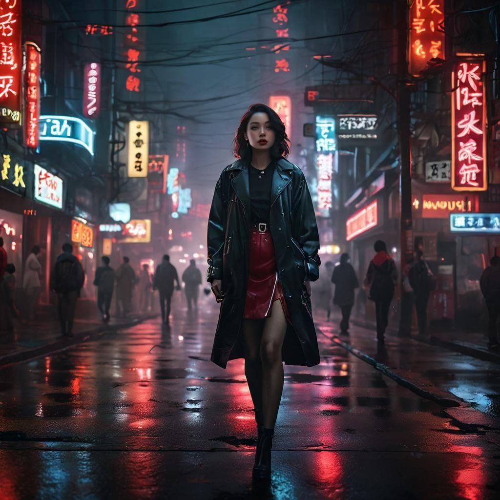 Woman Under Neon Lights on Foggy Night: Cinematic Photo
