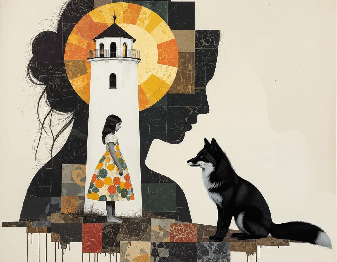 Ethereal Girl and Fox in Klimt-Helnwein Style Collage