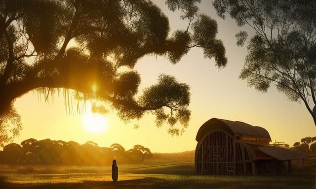 Rustic Farmhouse at Sunset in Tonalist Style