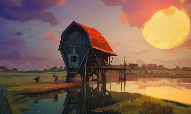 Rustic Farmhouse at Sunset in Tonalist Style
