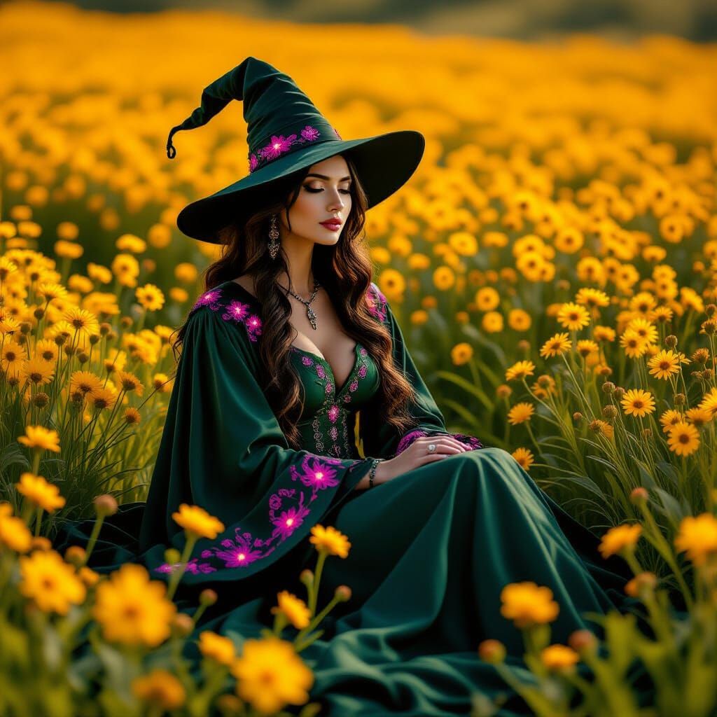 Witch in Dark Green and Pink Amidst Yellow Flowers