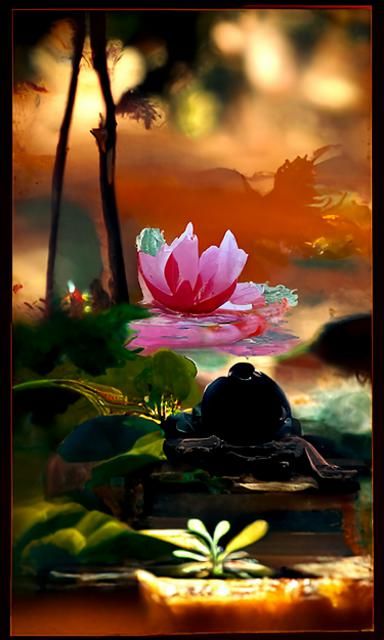 Meditating Buddha by Lotus Pond at Night