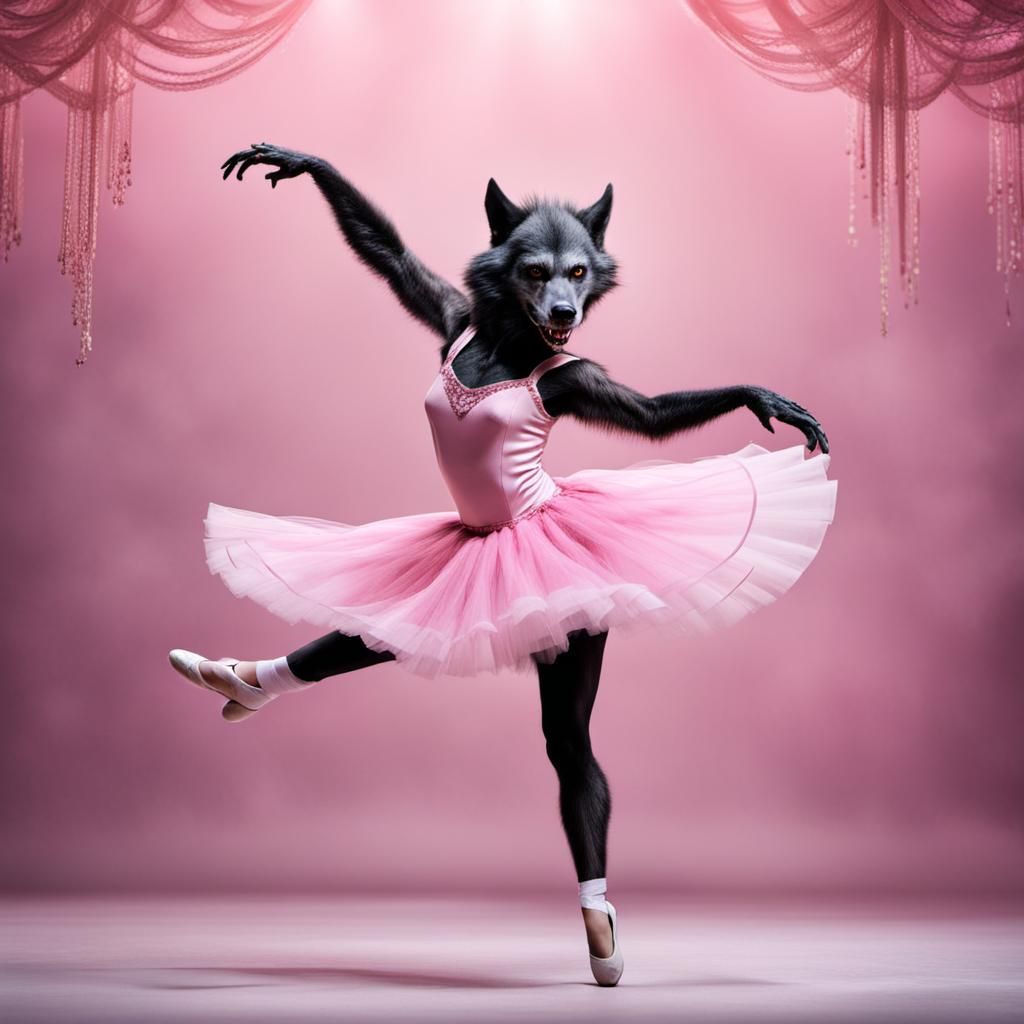 Werewolf Ballerina Dancing on Stage in Pink Dress