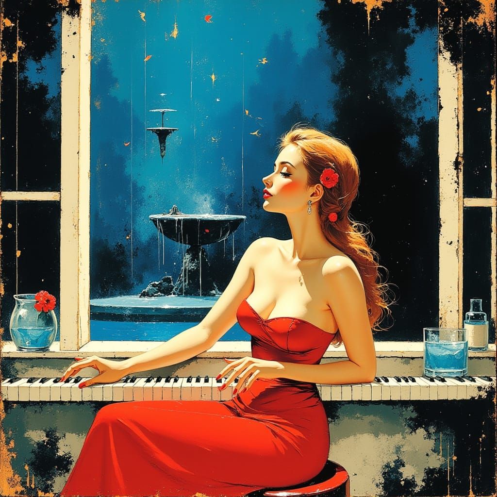 Elegant Woman Plays Piano in Smoky Bar