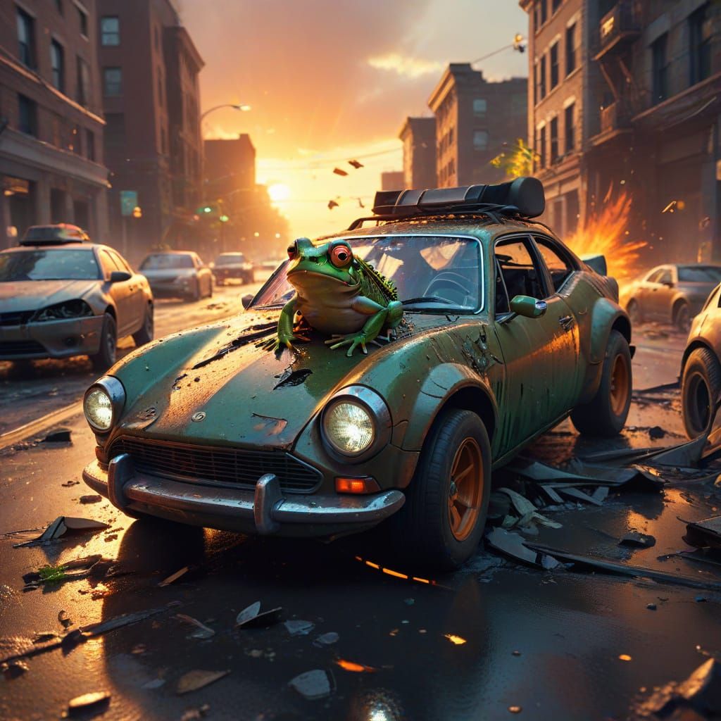 Surprised Frog Car Crash in Vibrant Digital Art