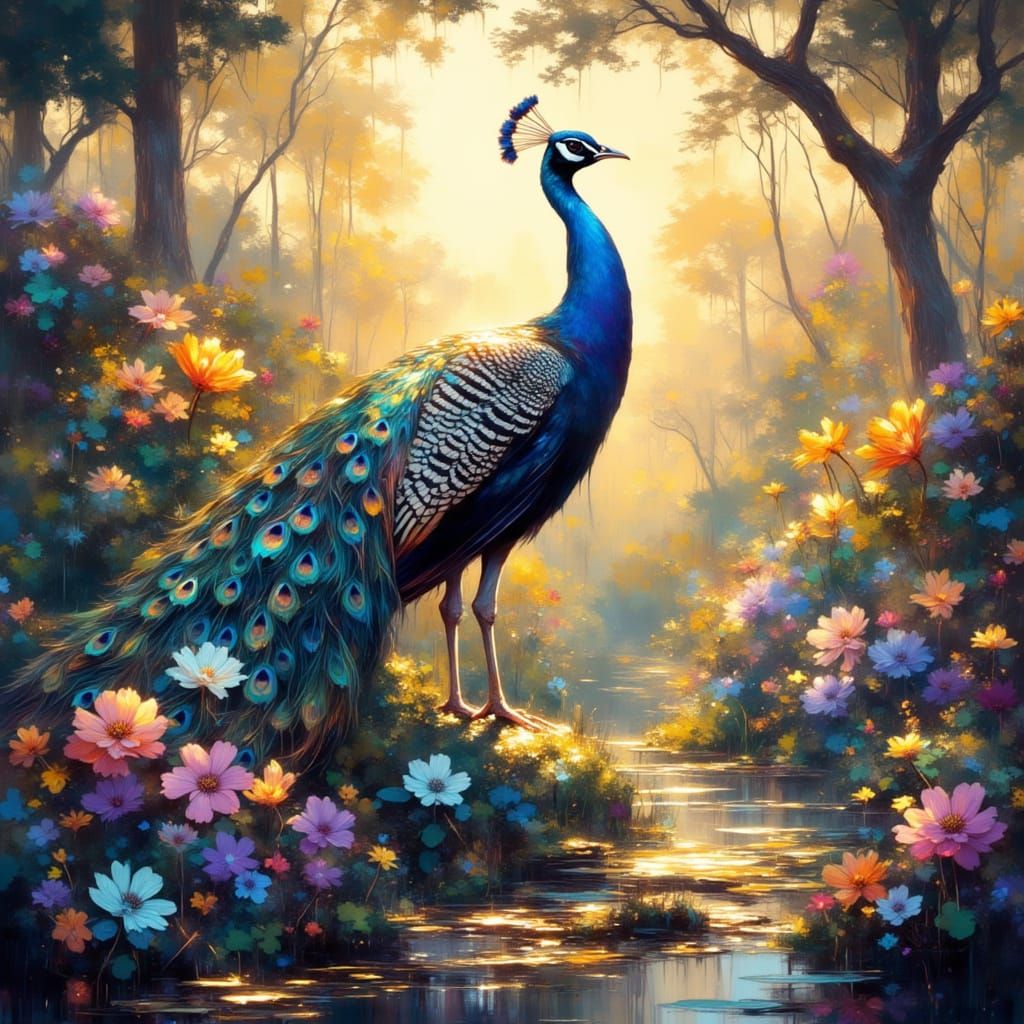 Regal Peacock Amidst Vibrant Garden Blooms
