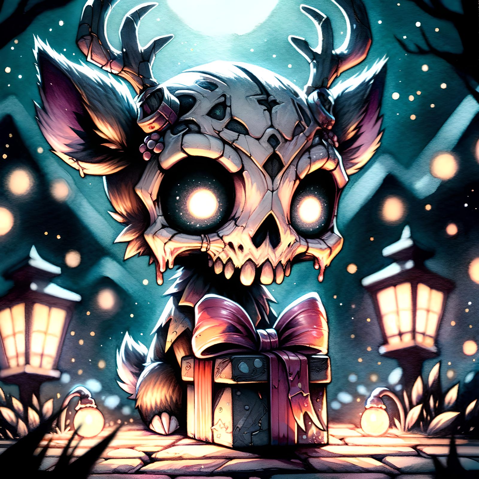 Undead Chibi Deer Guarding a Gift as Watercolor Painting