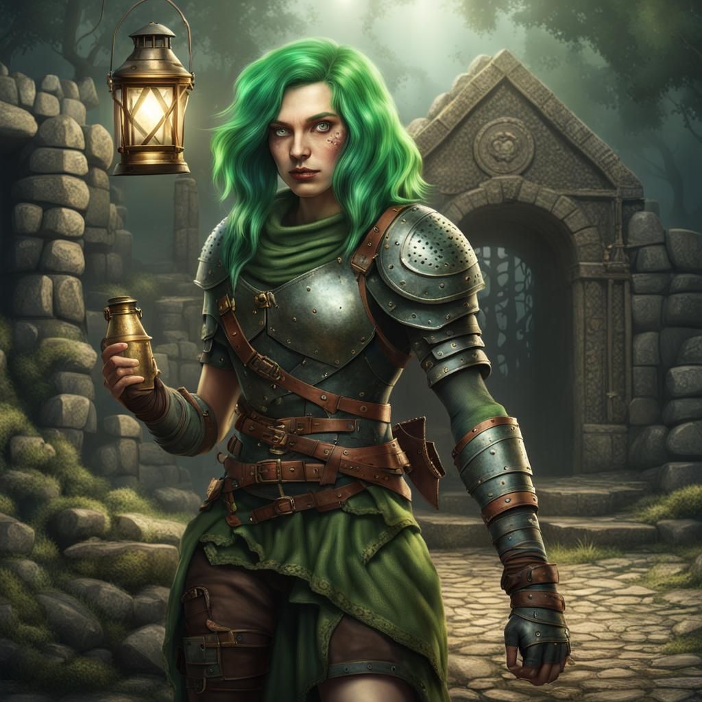 Green-Haired Adventurer Exploring Crypt in Photorealistic St...